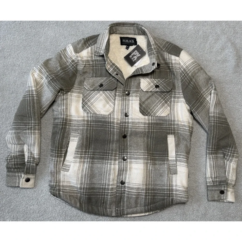 NWT - PX BLACK Sherpa Lined Flannel Shacket Plaid Gray/Green And White  Size‎ M